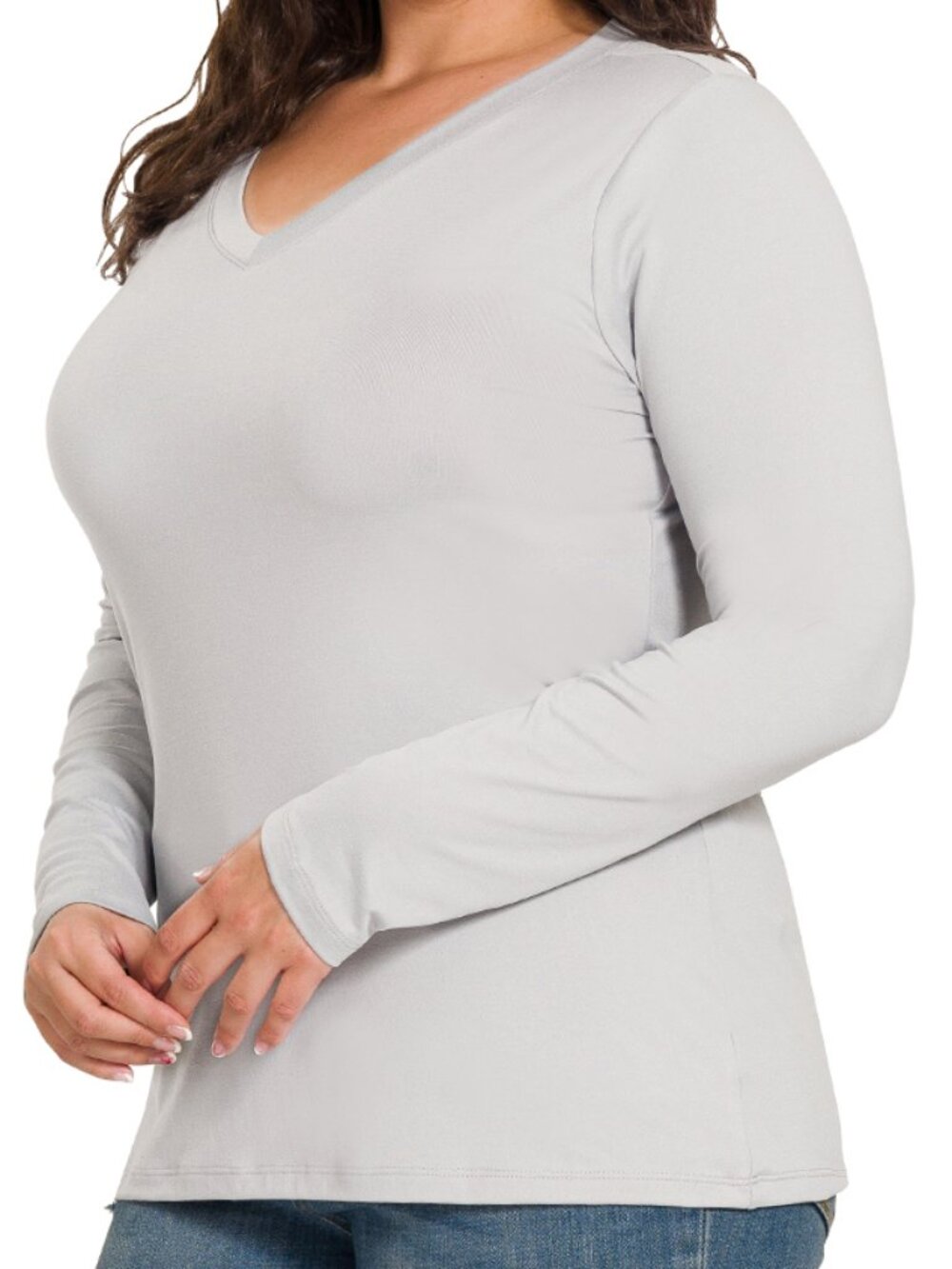 Plus Size Brushed DTY Microfiber Long Sleeve V‑Neck Tee – Buttery Soft Stretch